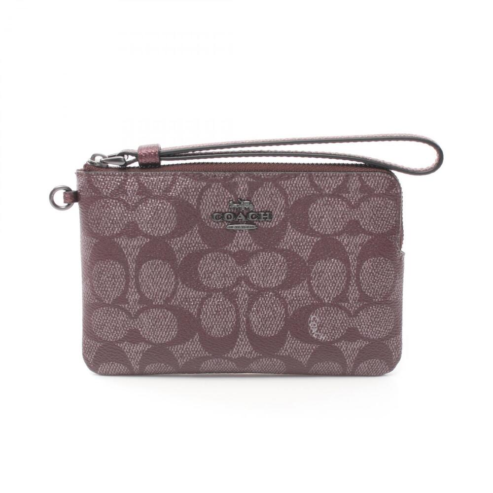 Coach Corner Zip Wristlet Pouch Bag Canvas Leather Bordeaux